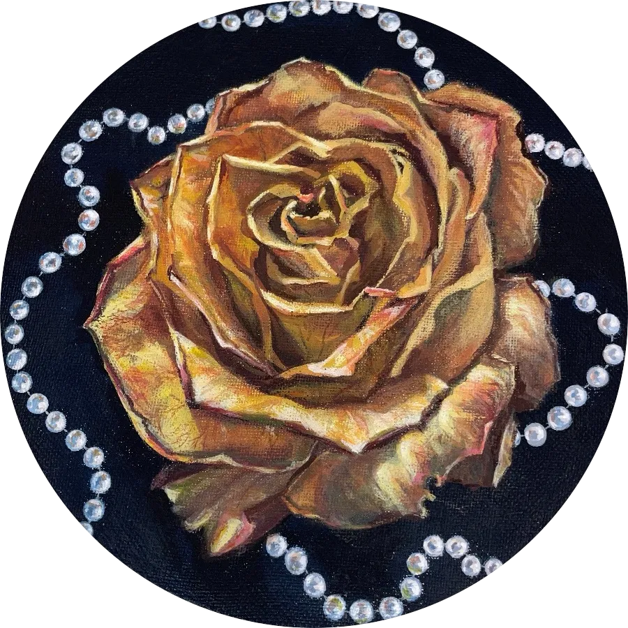 A circular painting of a golden rose surrounded by strands of white pearls on a black background.