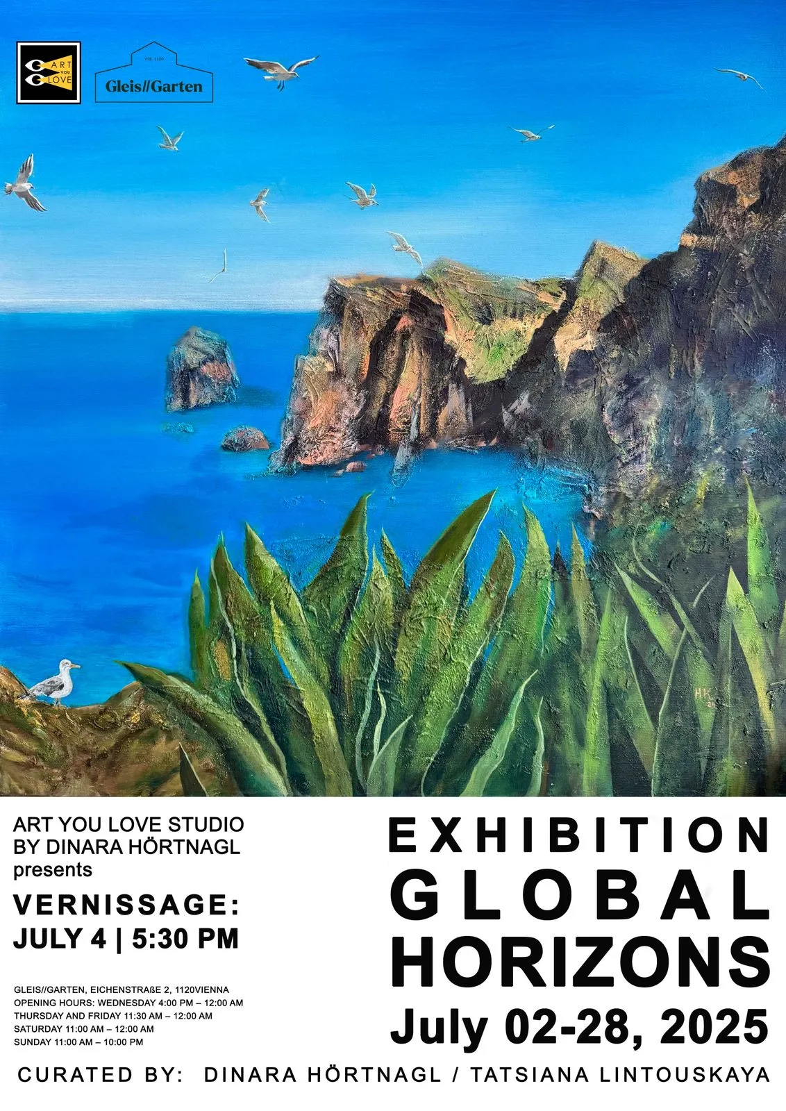 Global Horizons exhibition poster, 2–28 July 2025, Gleis//Garten, Vienna; vernissage 4 July.