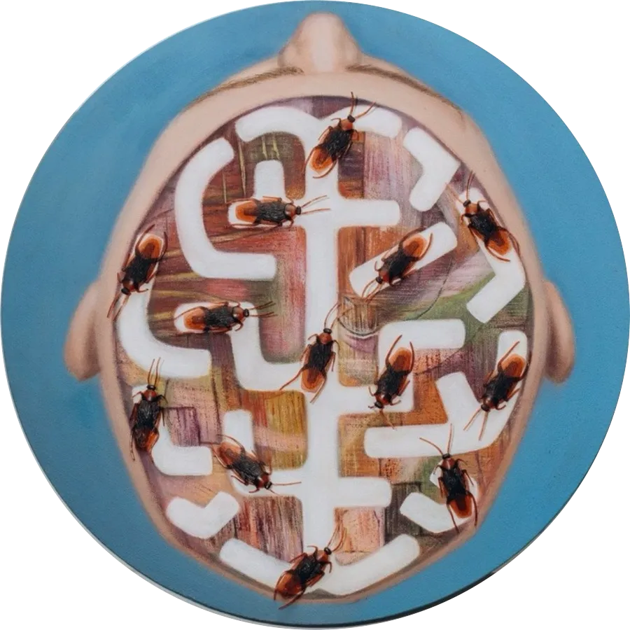 A circular painting of a head filled with a white labyrinth and cockroaches against a blue background.