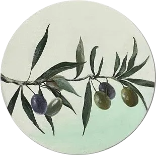 An olive branch with dark olives on a pale circular canvas.