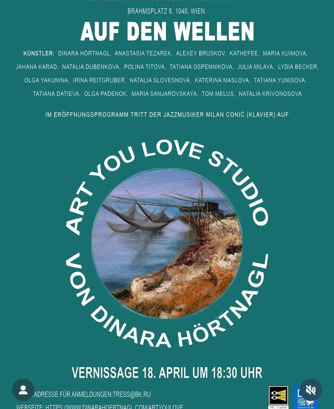 Auf den Wellen exhibition poster listing Natalia Slovesnova; opening 18 April.