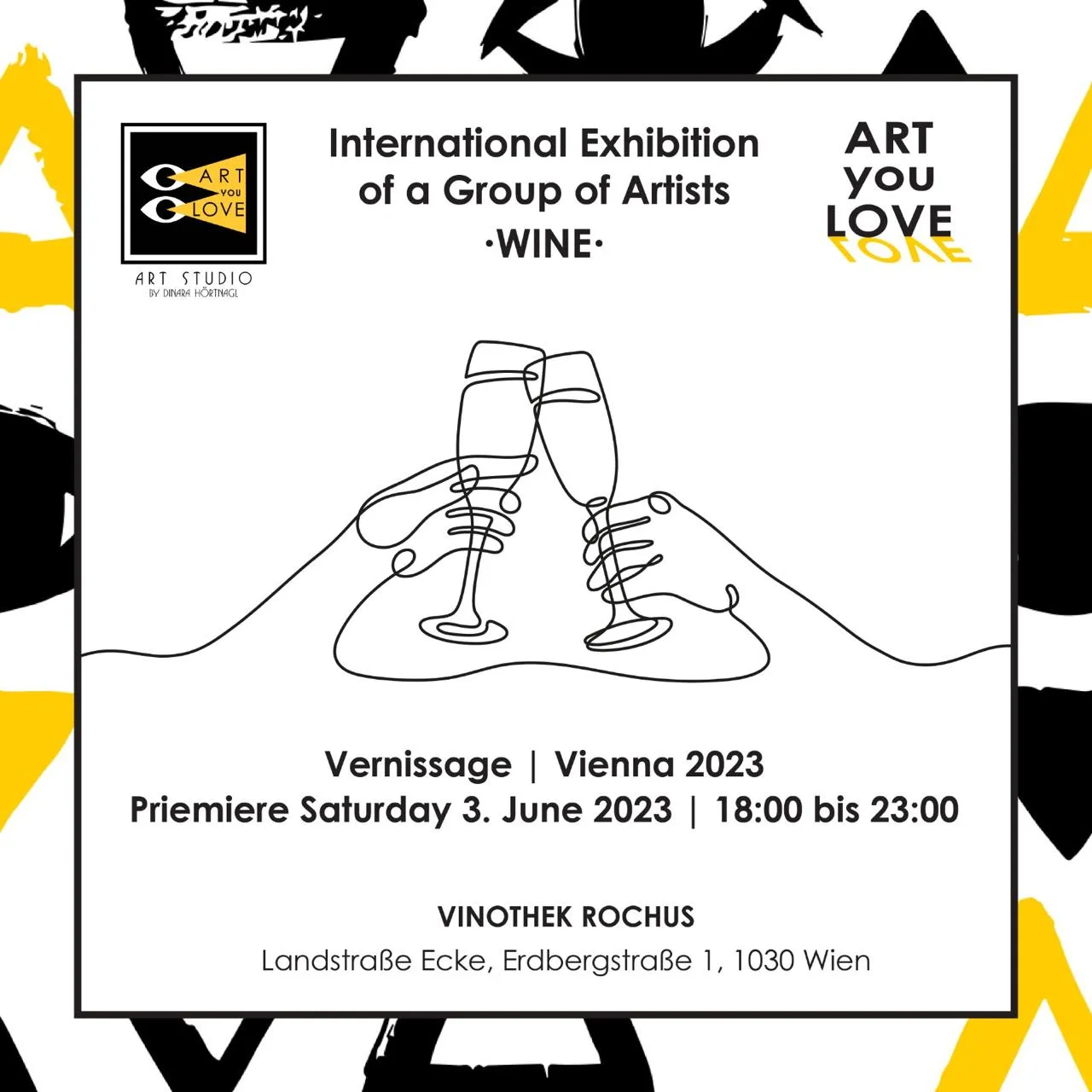 Wine international group exhibition poster; opening 3 June 2023 at Vinothek Rochus, Vienna.